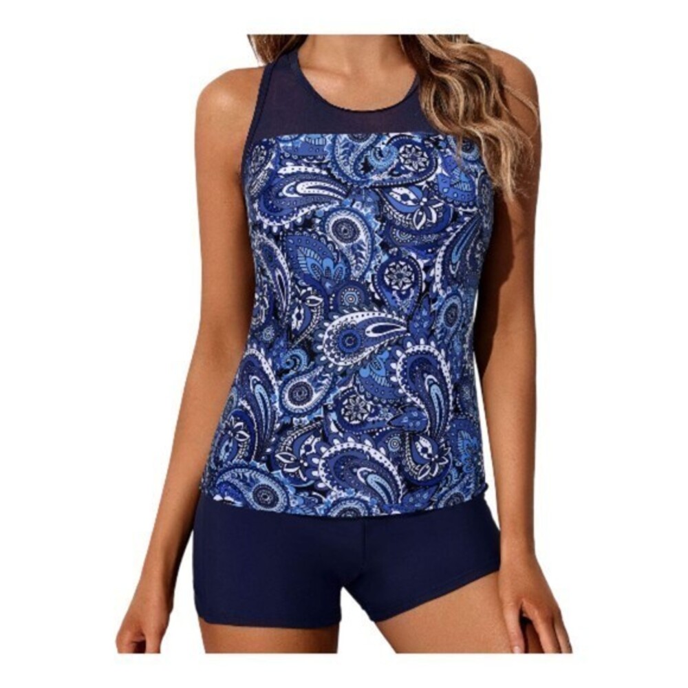 Womens Racerback Top Biker Shorts Tankini Swimsuit Navy White Size XXL NWT #7554